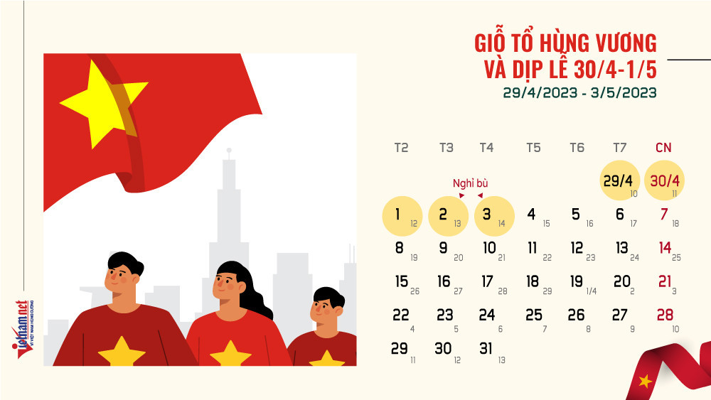 Người lao động Việt Nam sẽ được nghỉ 5 ngày liên tiếp dịp lễ Giỗ Tổ Hùng Vương và 30/4, 1/5. (Nguồn ảnh: Vietnamnet)